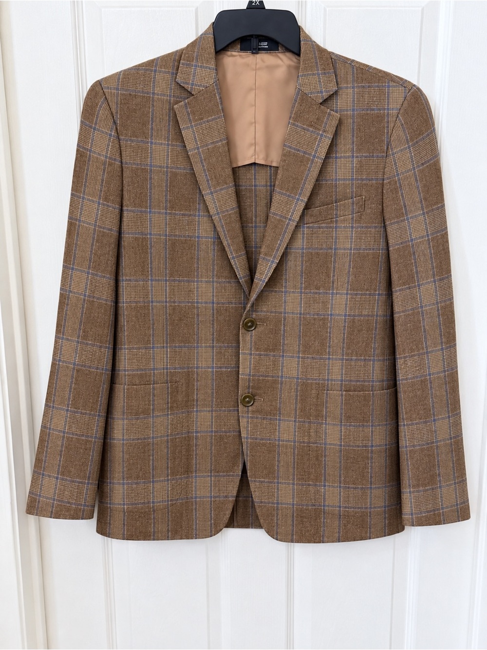 Nordstrom Linen Tan Brown Plaid Blazer with Blue Windowpane